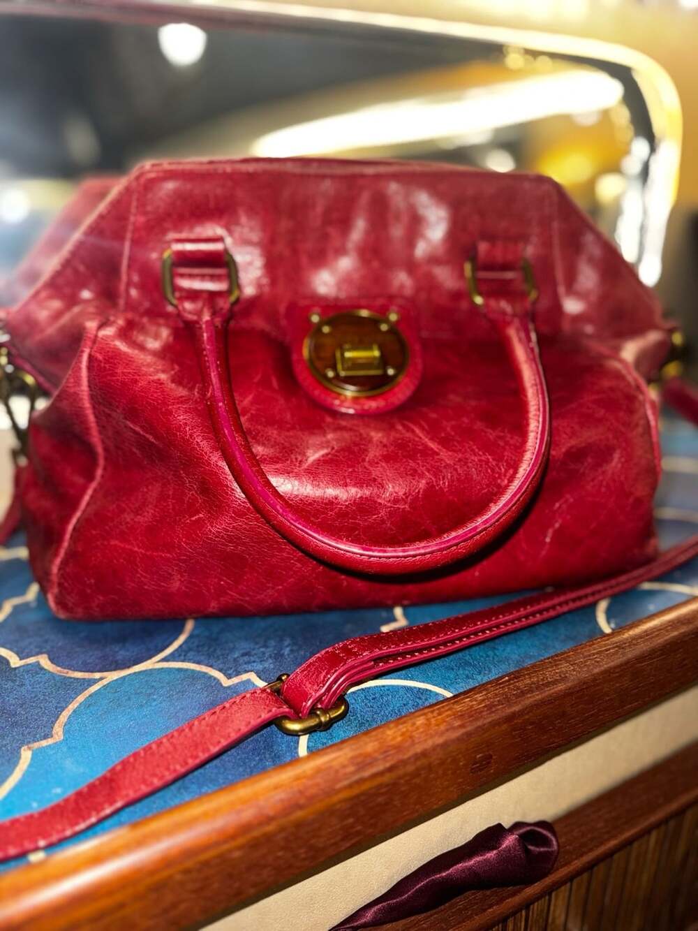 Elliott Lucca Red Glazed Crackled Leather Faro Satchel Crossbody Bag